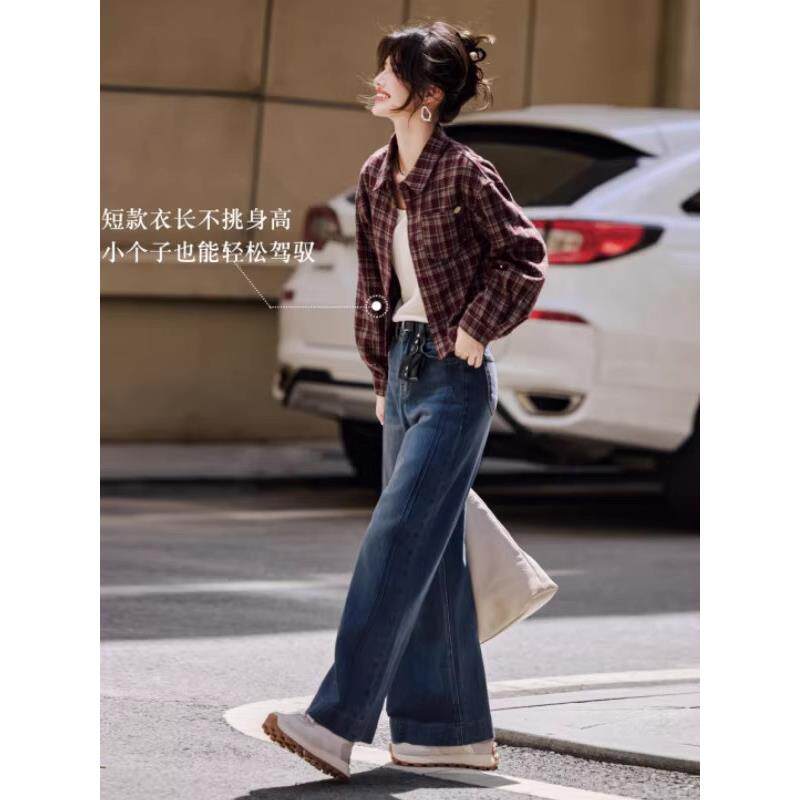 香港TIMO欧货复古文艺格纹磨毛短款长袖衬衫女2026春款小个子外套