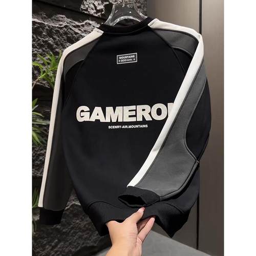 MAROLIO~强烈推荐！美式潮牌圆领卫衣男高街时尚撞色拼接休闲上衣