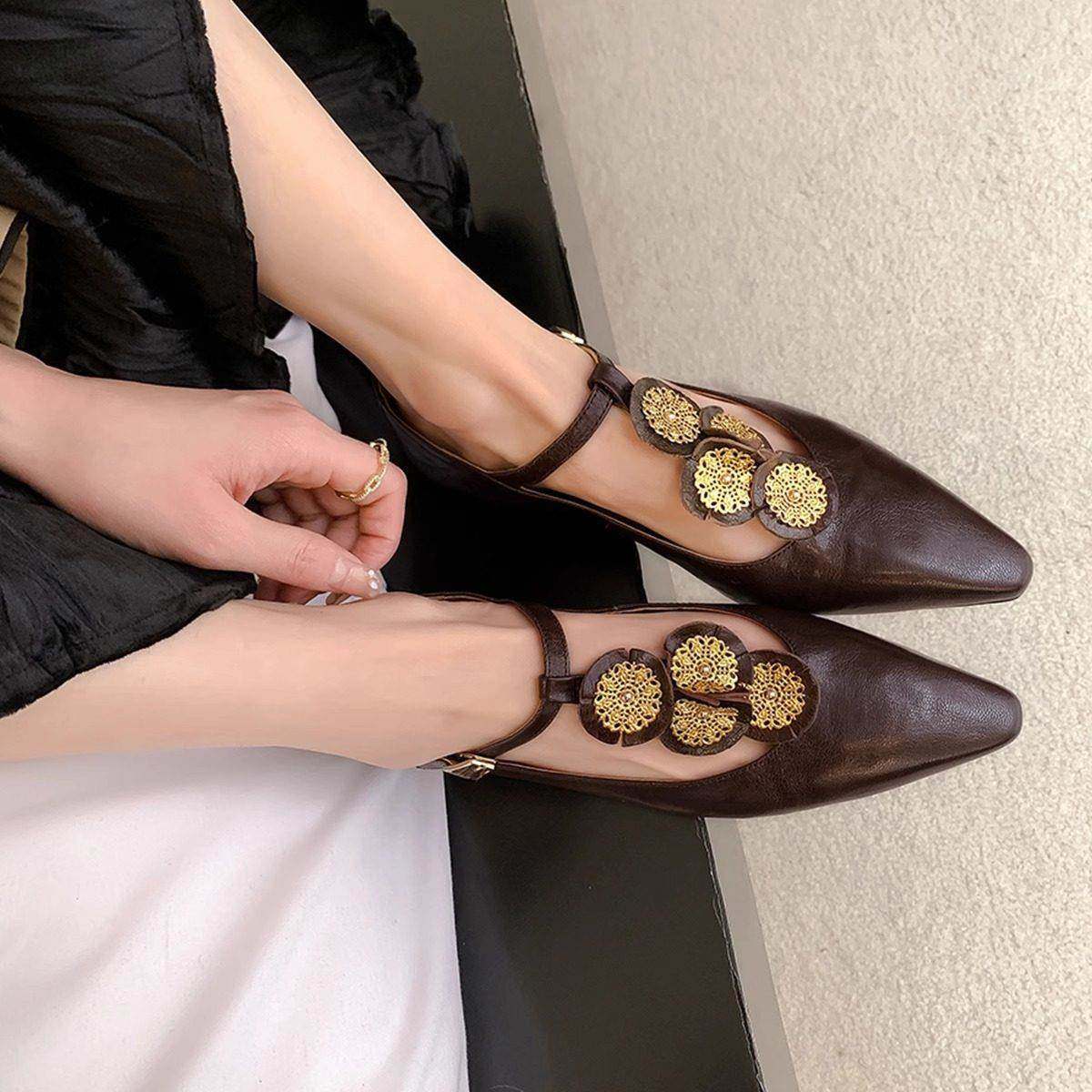 香港2025秋季复古金花玛丽珍鞋女尖方头小众设计感真皮浅口单鞋子,女鞋,玛丽珍鞋,淘宝优惠券,粉丝福利购,淘宝优惠卷