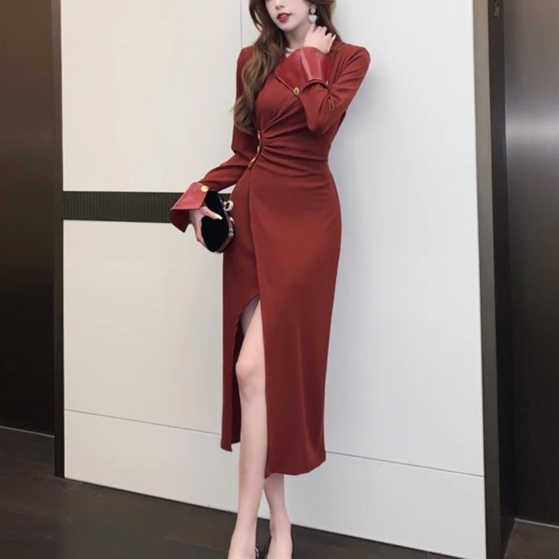 Ocnltiy高端精致性感法式连衣裙女秋冬季新款简约百搭宴会晚礼服