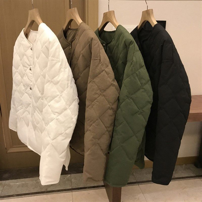 时尚菱格无领轻薄短款棉服女士2023年秋冬新款棉衣羽绒服外套