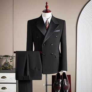 高端双排扣羊毛西装套装男高级感新郎结婚礼服商务大尺码西服三件