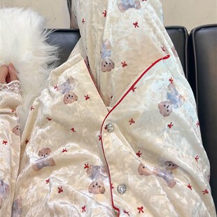 金钻绒家居服套装 定制刺绣晚安小熊睡衣女士韩系秋冬长袖 长裤