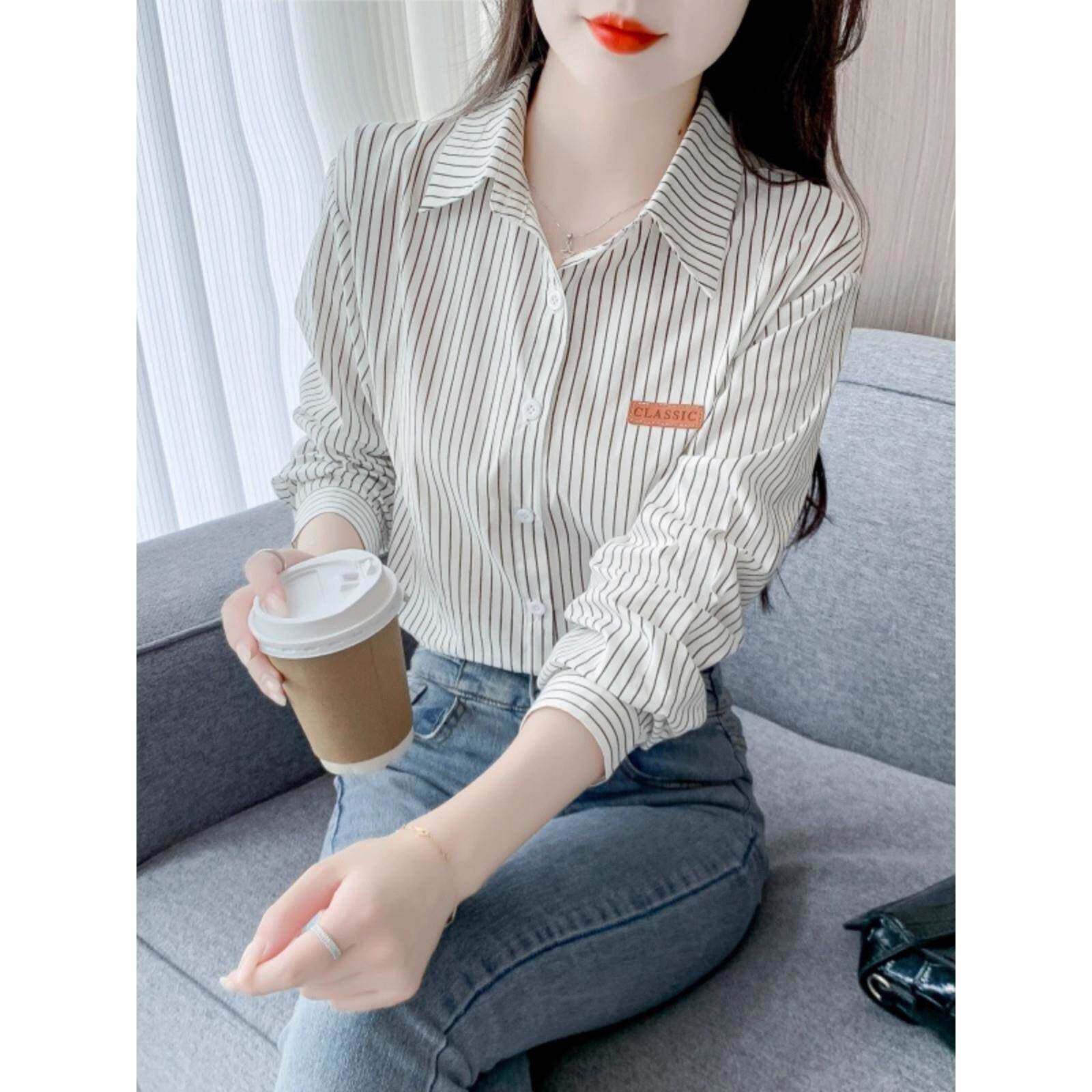 香港TIMO春秋季女装时尚休闲条纹女士衬衣棉布衬衫女洋气减龄上衣