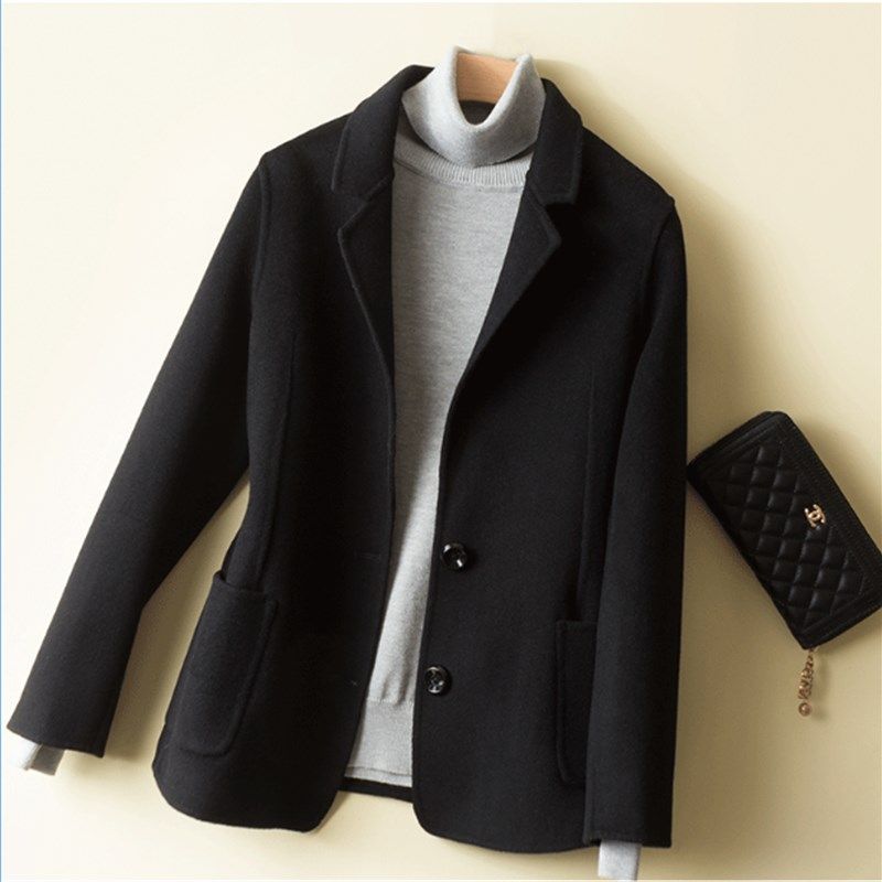 双面羊绒大衣女秋冬小个子修身黑色短款羊毛呢春西服西装外套