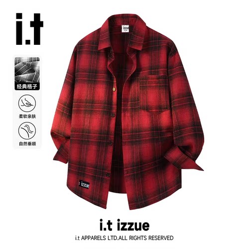 izzue2026男复古格子长袖衬衫