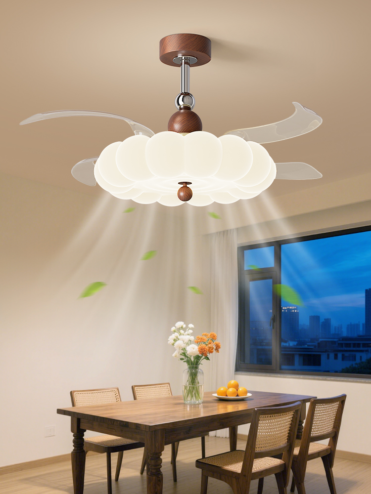 隐形风扇灯餐厅吊灯2025新款中古奶油风餐桌卧室电扇灯吊扇吸顶灯