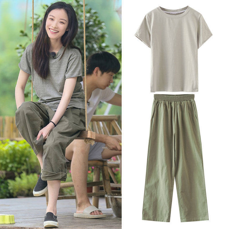 倪妮明星同款2022夏两件套休闲运动套装女军绿色短袖t恤ins工装裤