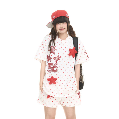 美式星星满印男女宽松夏短袖T恤