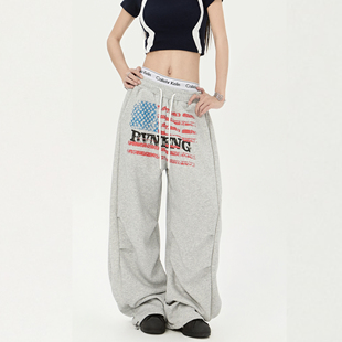 复古字母印花运动卫裤 美式 男女慵懒风阔腿休闲长裤 零碎岛屿