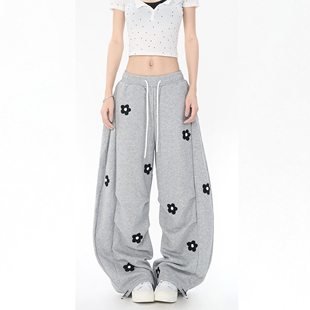 复古花朵刺绣褶皱弯刀卫裤 美式 男女宽松阔腿香蕉长裤 零碎岛屿