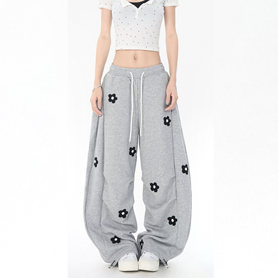 美式花朵刺绣褶皱弯刀阔腿长裤