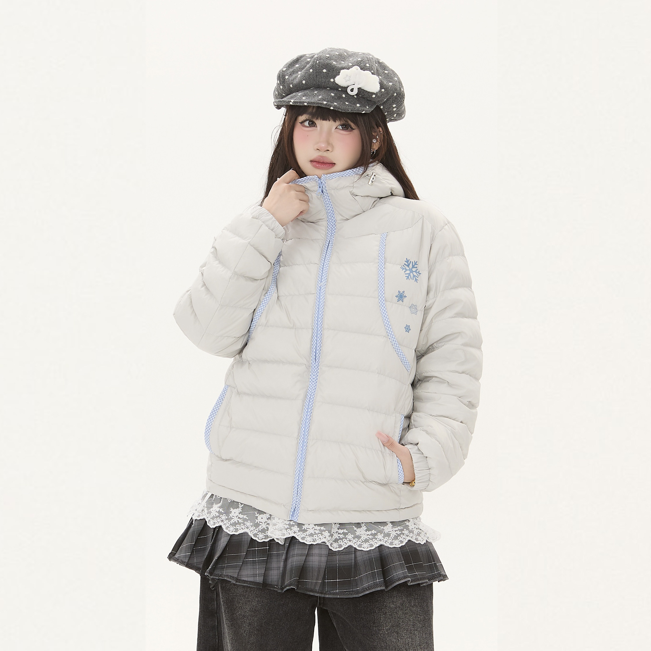 零碎岛屿白鸭绒贝壳绣雪花拼接连帽排骨羽绒服女冬季轻薄保暖外套,女装/女士精品,羽绒服,淘宝优惠券,粉丝福利购,淘宝优惠卷