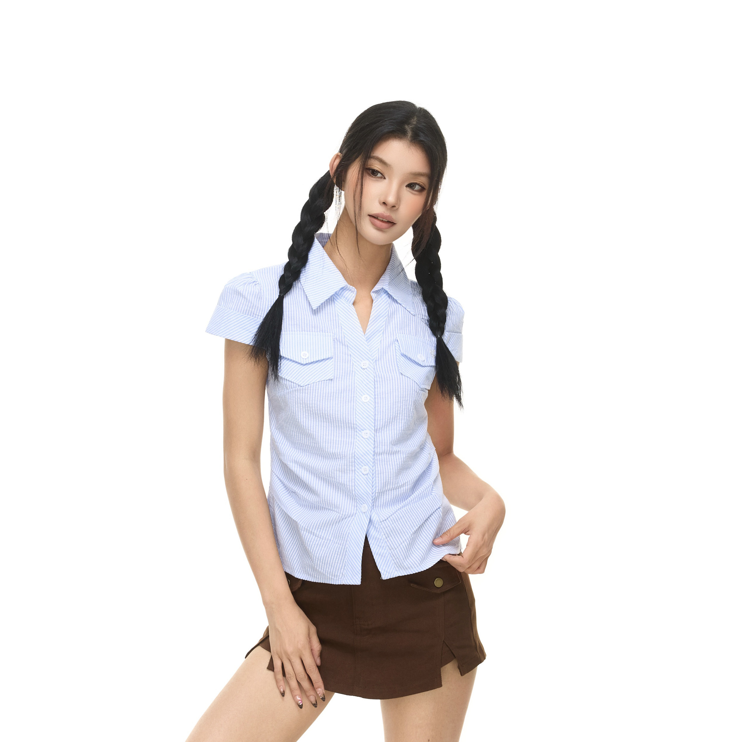 零碎岛屿美式彩色条纹立体修身短袖衬衣女夏季设计感百搭开衫上衣