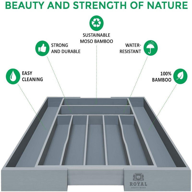 竹制厨房抽屉收纳盒可扩展带凹槽抽屉分隔器适用于餐具和厨房用具