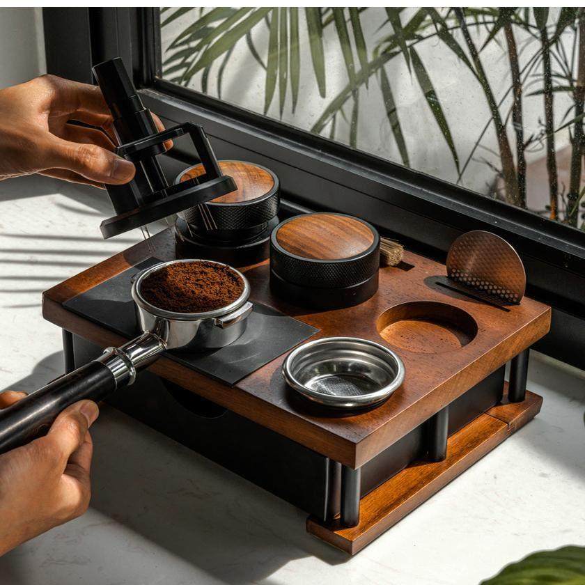 意式咖啡压粉底座带渣盒渣桶布粉压粉器咖啡器具收纳座咖啡填压台