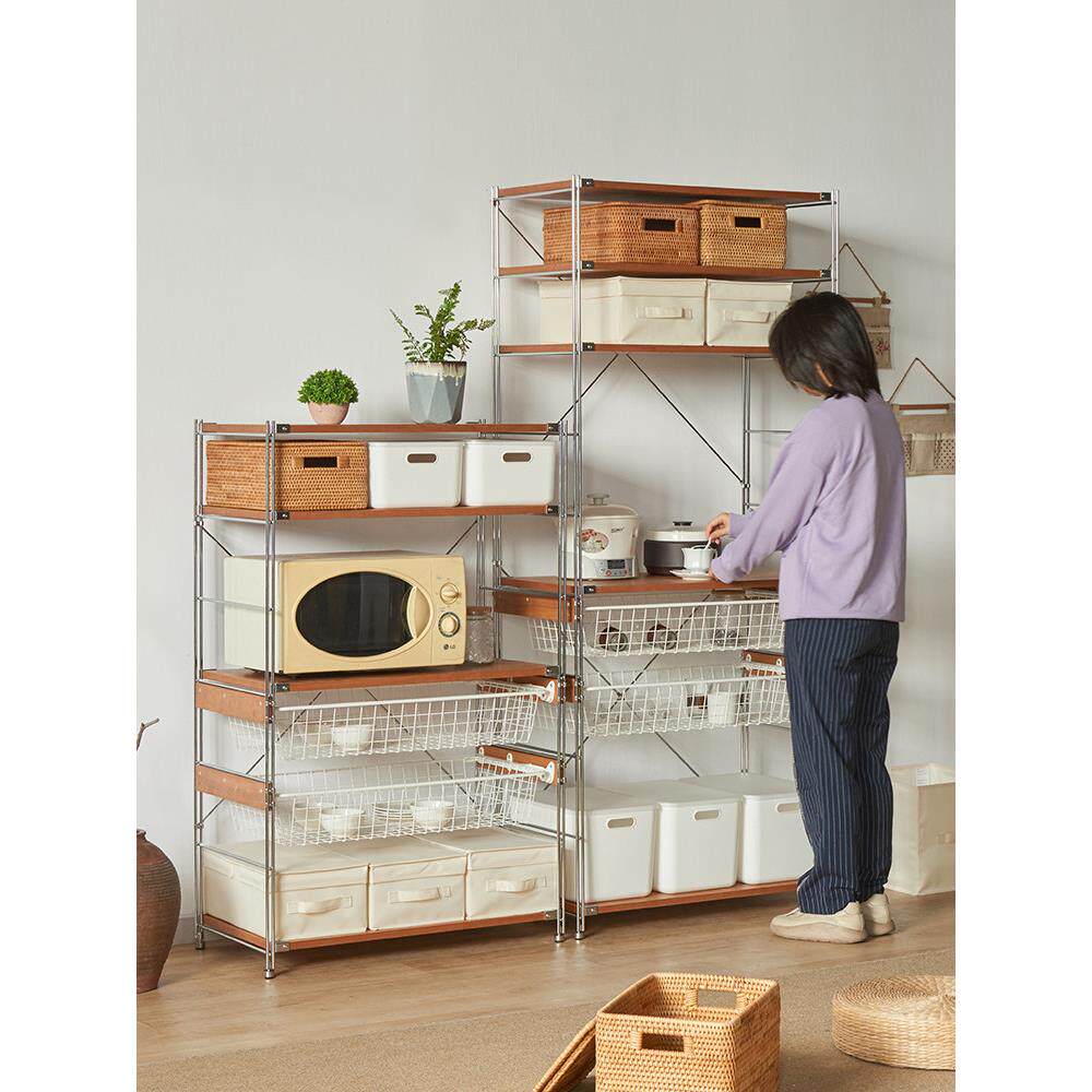 实木厨房电器烤箱储物架原木金属地板站立日本多层卧室储物架不锈