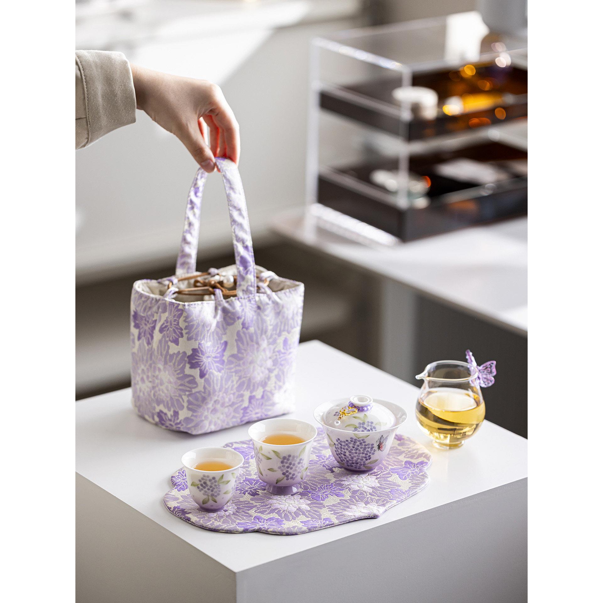 手绘绣球花旅行茶具小套装便携式户外露营女士一人饮泡茶壶快客杯