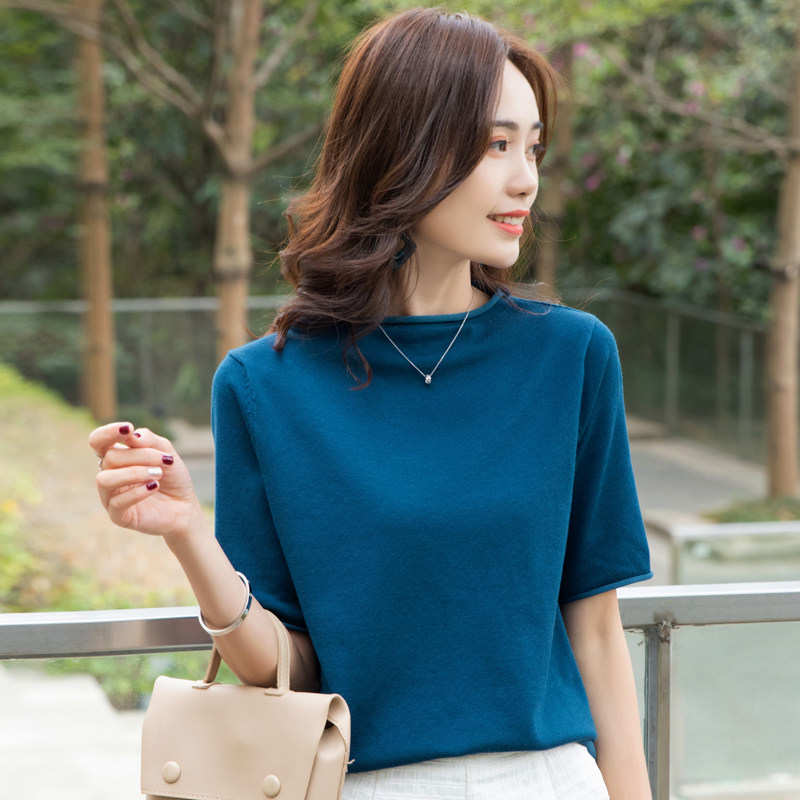 大码半高领五分袖打底针织衫女中袖内搭胖mm宽松短袖半袖薄款毛衣