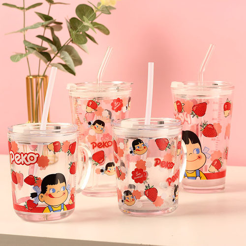家用密封带盖儿童玻璃吸管杯带刻度带手柄牛奶杯卡通玻璃杯果汁杯