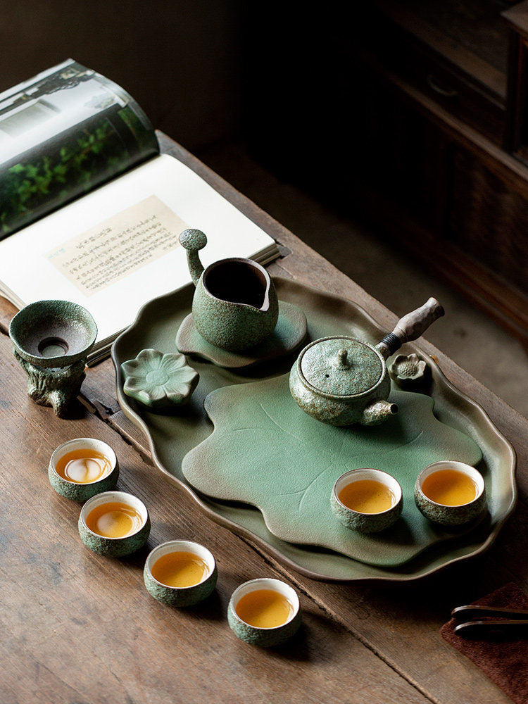 鲁新中国覆古粗陶全套茶具家用功夫茶具茶壶茶具办公室盖碗茶茶盘
