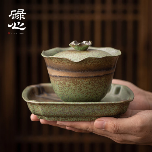 碌心 中式仿古窑变青陶瓷三才盖碗 家用功夫茶具茶碗干泡茶盘套组