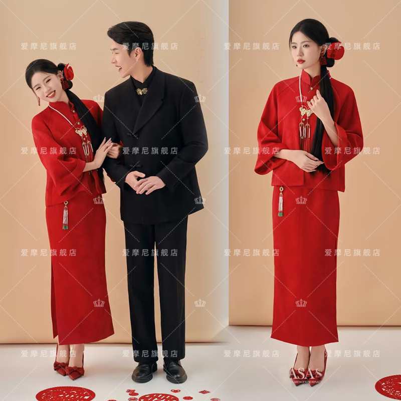 2025影楼情侣国风新中式喜嫁婚纱照红色礼服新娘敬酒服订婚礼服