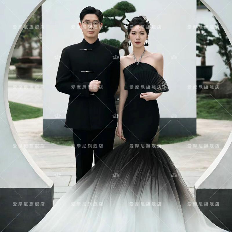 新款影楼情侣主题园林风新中式国风鱼尾婚纱礼服水墨画婚纱照服装