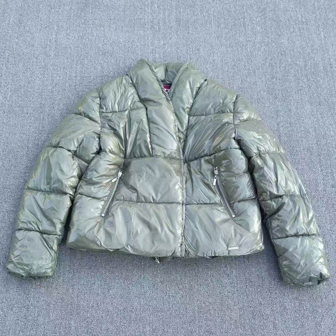 外贸款亮面尼龙棉服女短款立领加厚保暖面包服宽松冬季军绿色外套