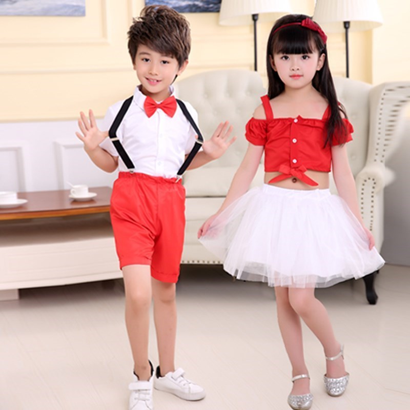 新款六一儿童节幼儿园大合唱表演服装男女童红色短袖背带裤演出服|ruв категории Женская одежда, костюм/национальная одежда/театр костюм, национальная одежда/этап погрузки - от Buy2taobao.com для оказания профессиональной услуги покупки агента Taobao