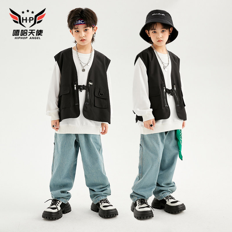 儿童街舞套装男孩嘻哈表演潮装黑色马夹三件套少儿hiphop走秀演出