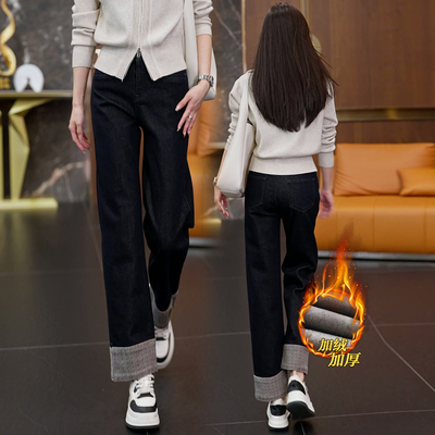 黑色九分直筒牛仔裤女冬加绒加厚