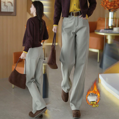 奶茶色纯棉弯刀牛仔裤女秋冬加绒