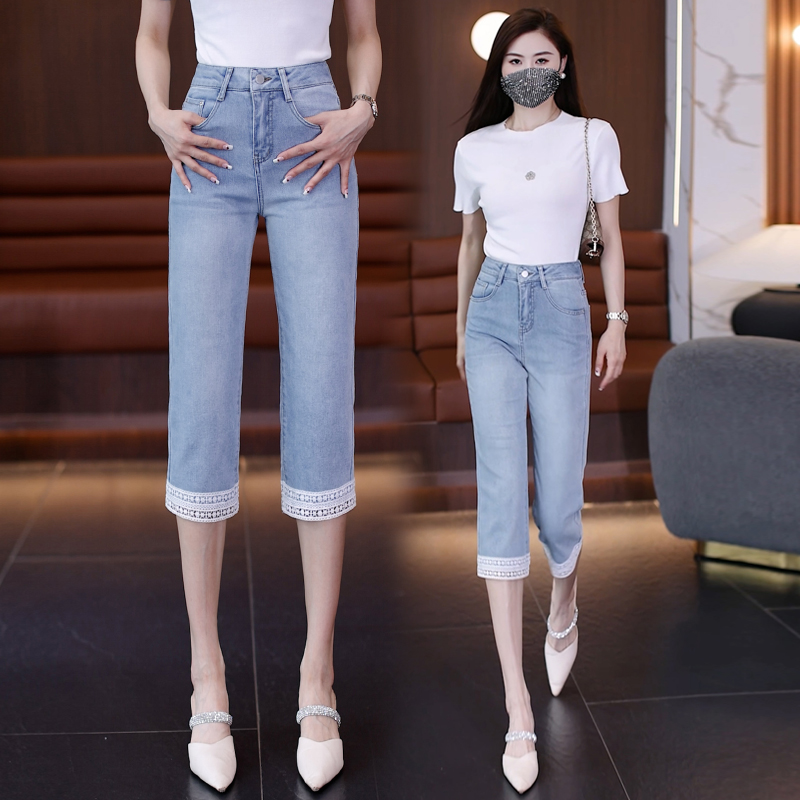浅色蕾丝直筒七分牛仔裤女夏季薄款2024年新款高腰小个子中裤夏款