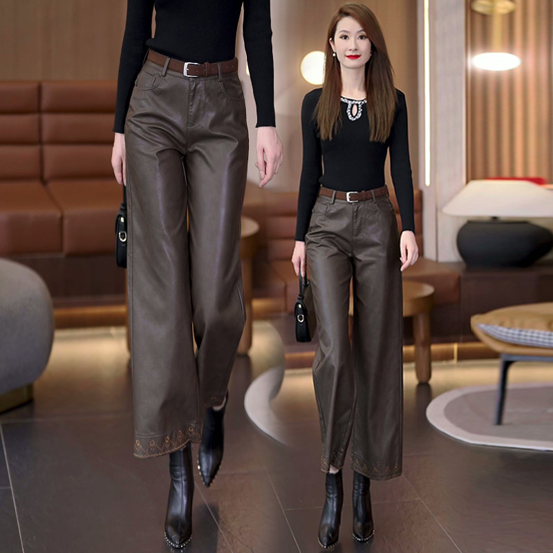 咖色PU阔腿皮裤女冬加厚2025新款