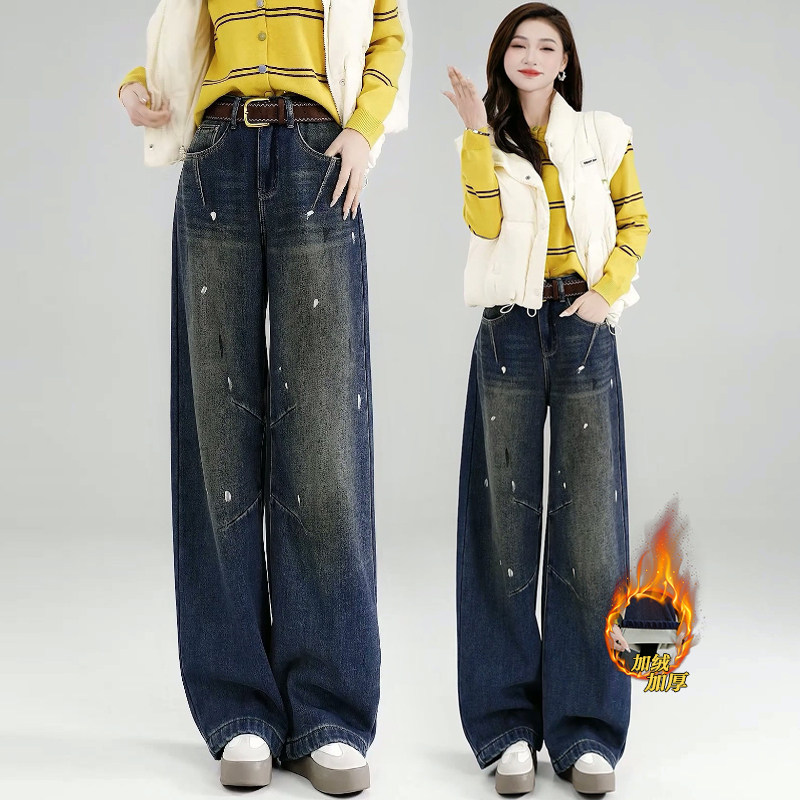 弯刀牛仔裤女冬季加绒加厚2025新款高腰宽松慵懒风直筒阔腿裤子冬,女装/女士精品,牛仔裤,淘宝优惠券,粉丝福利购,淘宝优惠卷