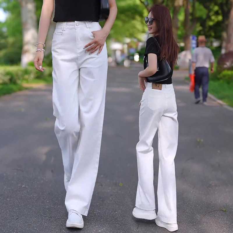 白色直筒软牛仔裤女夏季薄款2025年新款高腰窄版小个子阔腿女裤夏