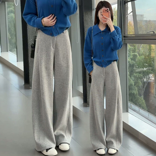 高腰宽松慵懒风直筒阔腿裤 灰色糯米弯刀裤 女秋冬加绒加厚2025新款