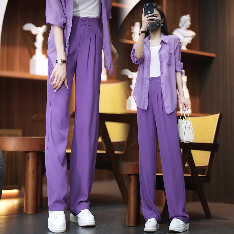 紫色冰丝窄版阔腿裤女夏季薄款2026新款高腰宽松直筒裤子夏天女裤
