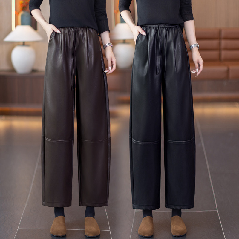 咖色九分弯刀PU皮裤女秋冬加厚2025新款宽松小个子直筒哈伦裤子冬,女装/女士精品,休闲裤,淘宝优惠券,粉丝福利购,淘宝优惠卷