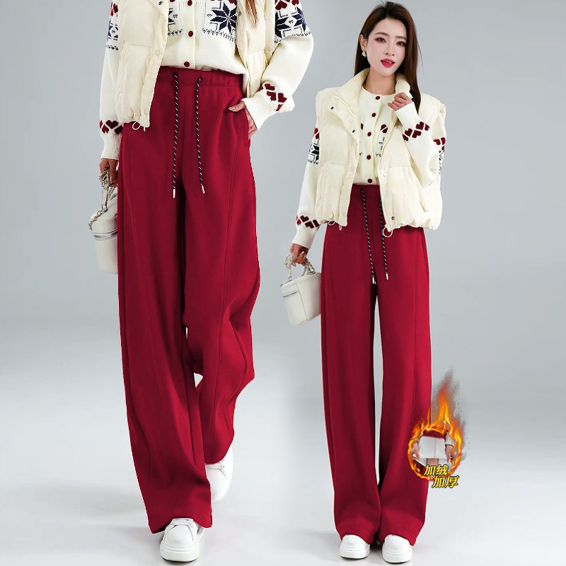 红色弯刀裤女秋冬加绒加厚2025新款高腰宽松慵懒风直筒阔腿裤子冬,女装/女士精品,休闲裤,淘宝优惠券,粉丝福利购,淘宝优惠卷