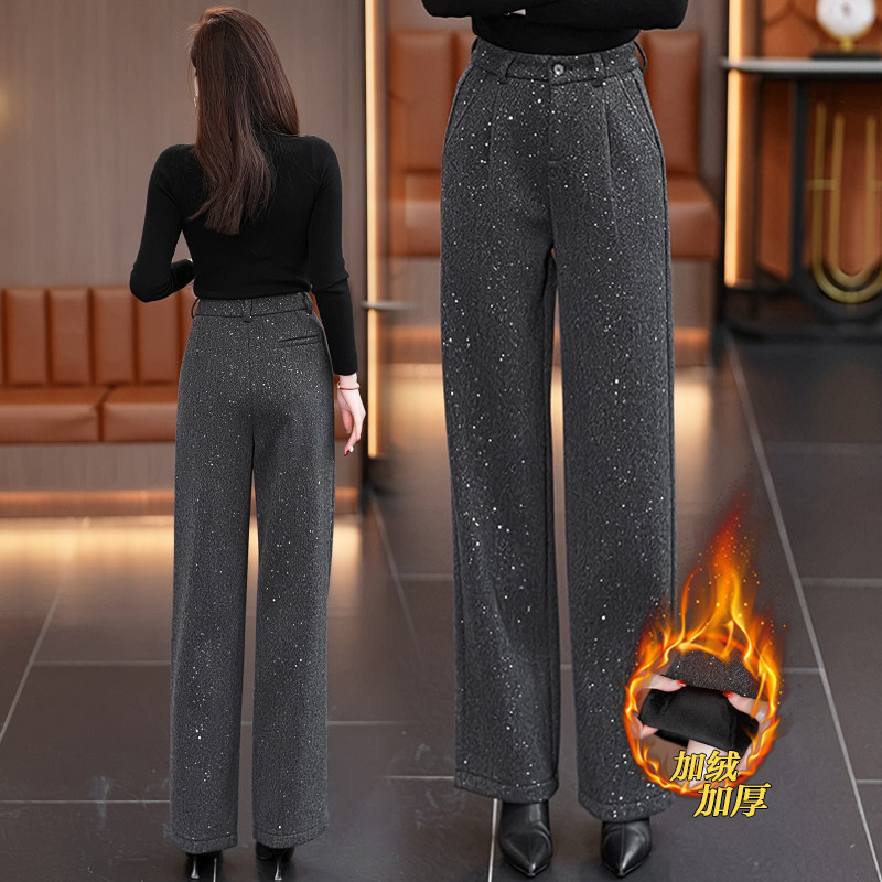 亮片羊毛呢阔腿裤女冬季加绒加厚2025新款高腰宽松小个子直筒裤子,女装/女士精品,休闲裤,淘宝优惠券,粉丝福利购,淘宝优惠卷