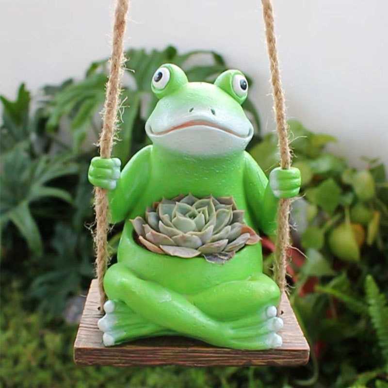爆品创意青蛙秋千花盆个性动物装饰品阳台庭院树脂多肉花盆