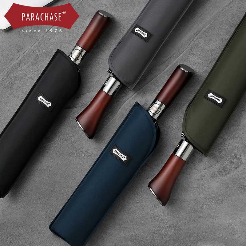 PARACHASE木柄全自动伞1.2米加大折叠雨伞韩国森系商务伞一件代发