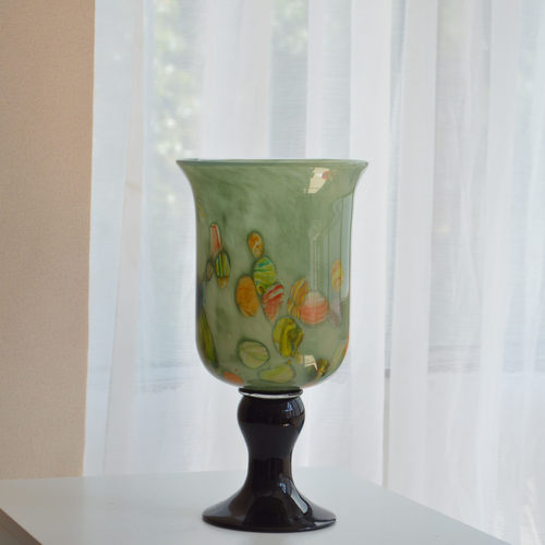 中古艺术法式复古橘粉绿肌理高脚手工琉璃花瓶风灯插花器