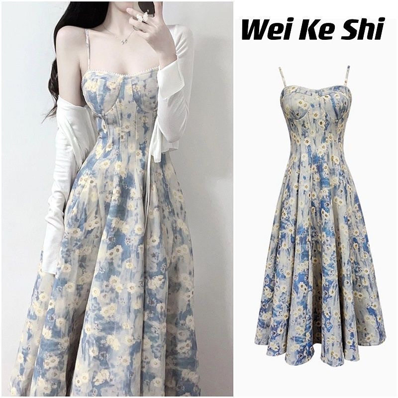吊带和开衫两件套【原版拉链】法式蓝色油画碎花连衣裙女夏新款收图片