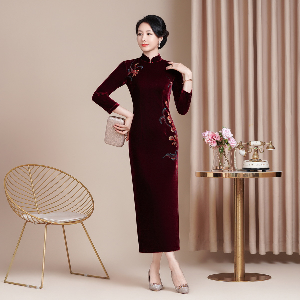 秋冬新款修身丝绒旗袍感喜婆婆喜妈妈装敬酒服长款礼服女复古