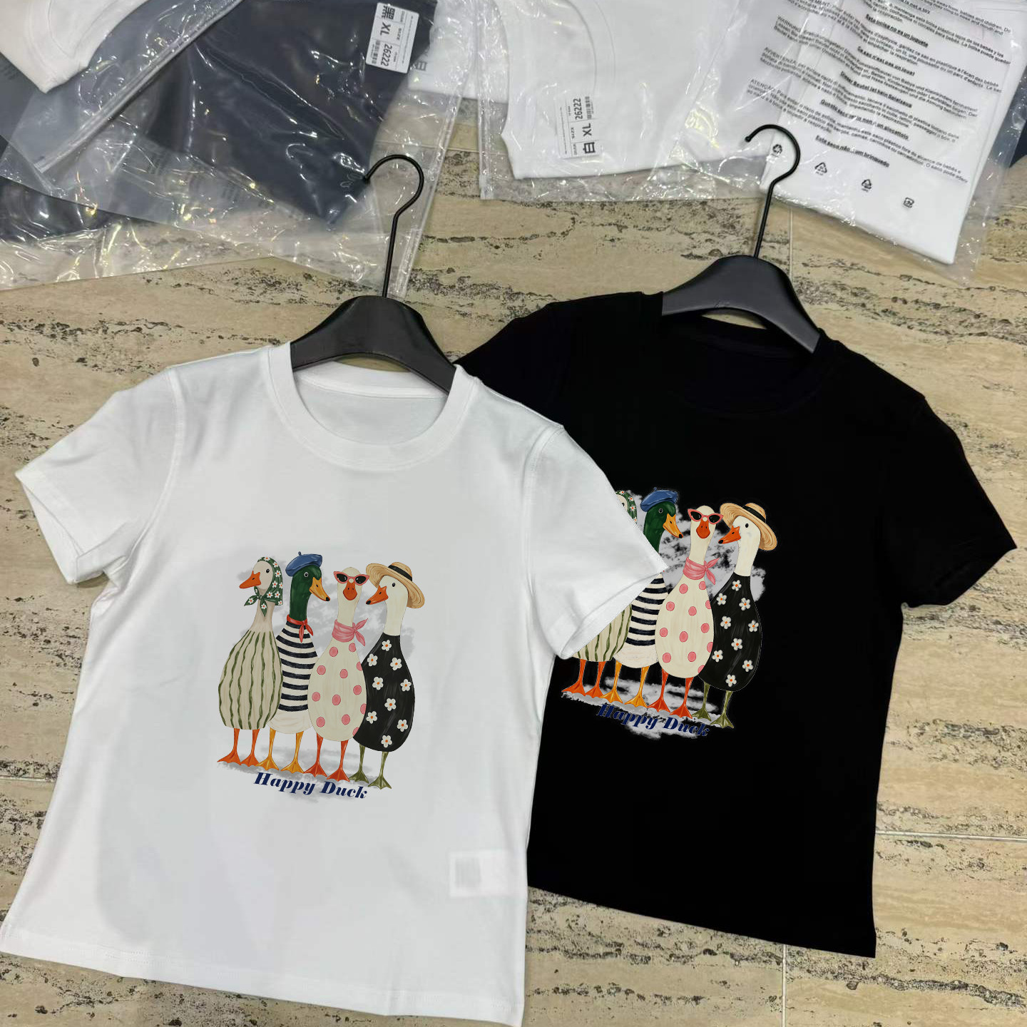 南油小众新品夏季手绘四只花样小鸭印花T恤修身显瘦减龄短袖上衣