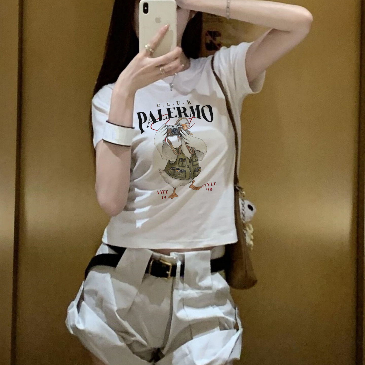 南油小众新品夏季复古墨镜相机卡通鸭子印花T恤ins潮修身显瘦上衣