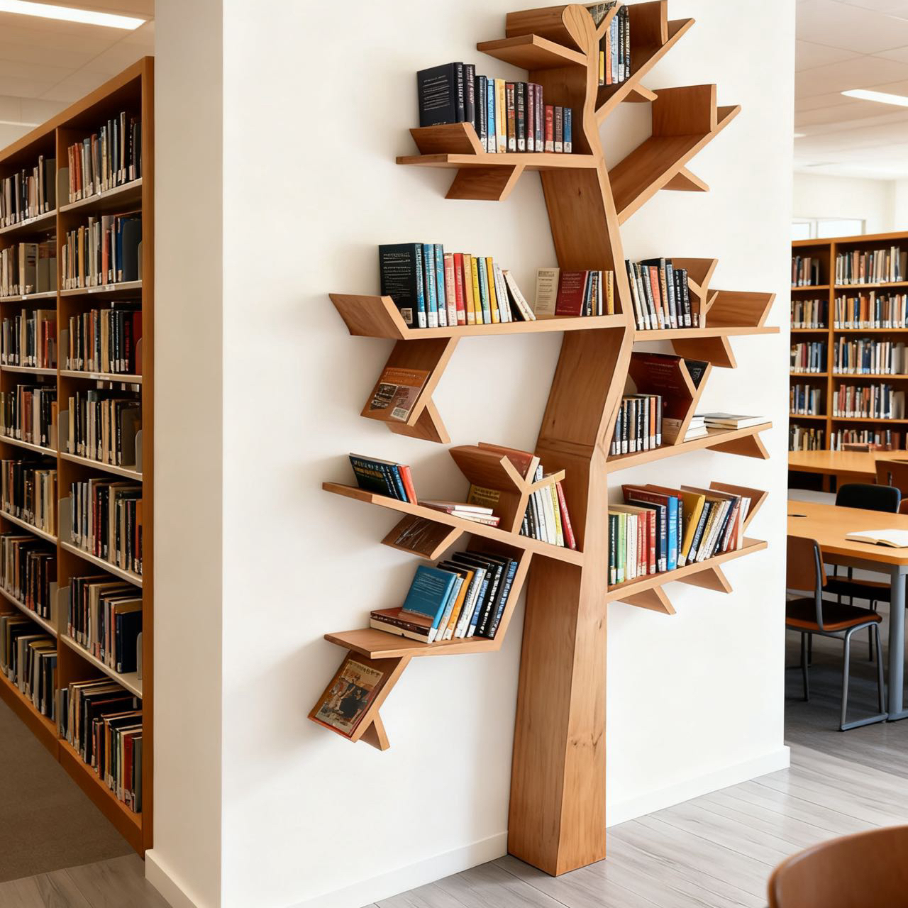 创意艺术书架树形落地实木满墙树枝置物架全实木轻奢挂墙书柜木质